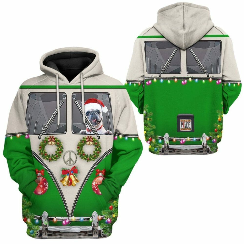 3D Bulldogs fahren Hippie-Autos zu Weihnachten Custom T-Shirt Bekleidung