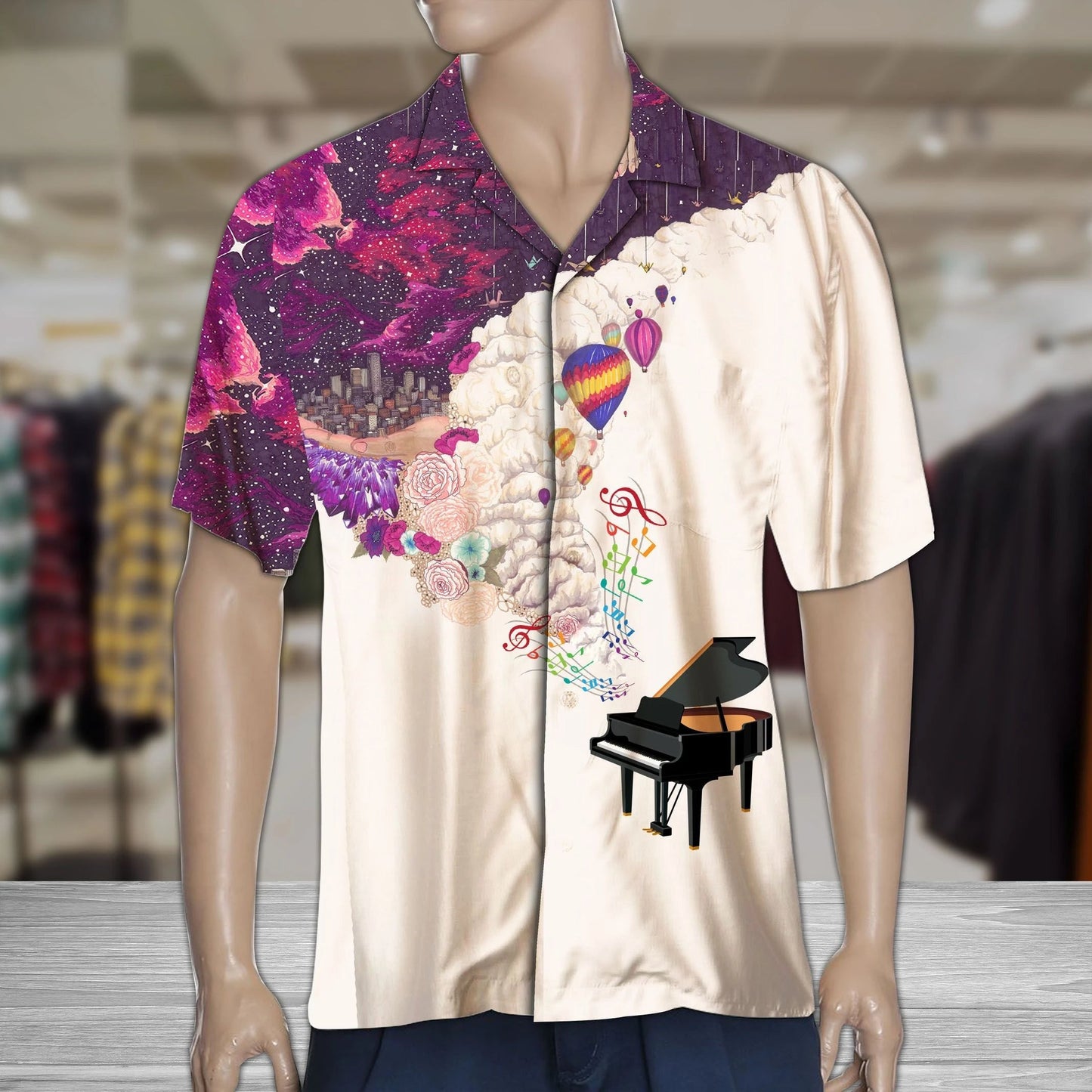 Piano Under Purple Galaxy With Hot Air Balloons Hawaiian Shirt, Hawaiian Shirt Gift, Christmas Gift