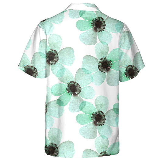 Hand Painted Watercolor Anemone Turquoise Flower Pattern Hawaiian Shirt, Hawaiian Shirt Gift, Christmas Gift