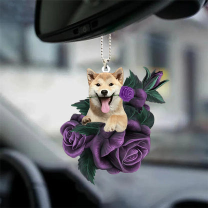 Shiba Inu In Purple Rose Car Hanging Ornament, Dog Hanging Car Ornament, Christmas Decoration