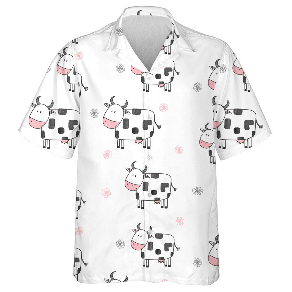 Doodle Style Cute Cartoon Cows And Line Flower Hawaiian Shirt, Hawaiian Shirt Gift, Christmas Gift