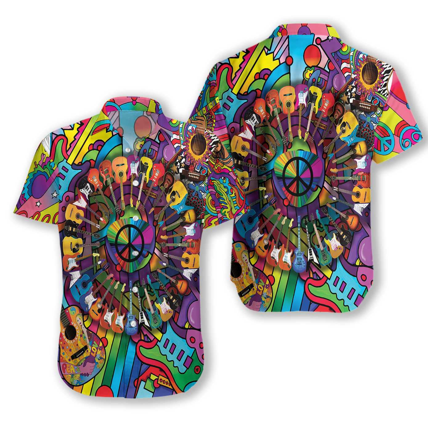 Peace Love Music Funny Guitar Pattern Colorful Design Hawaiian Shirt, Hawaiian Shirt Gift, Christmas Gift