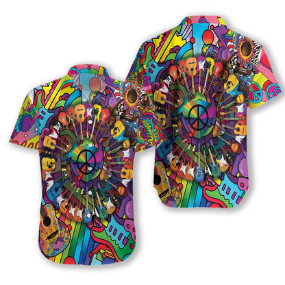 Peace Love Music Funny Guitar Pattern Colorful Design Hawaiian Shirt, Hawaiian Shirt Gift, Christmas Gift