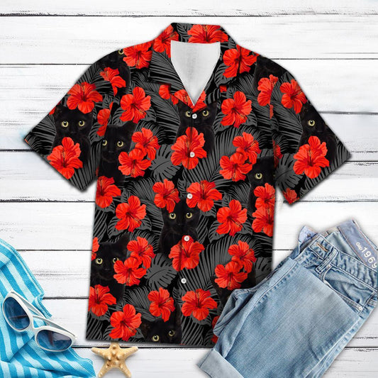 Peeking Black Cat Ew People Red Hibiscus Pattern Hawaiian Shirt, Hawaiian Shirt Gift, Christmas Gift