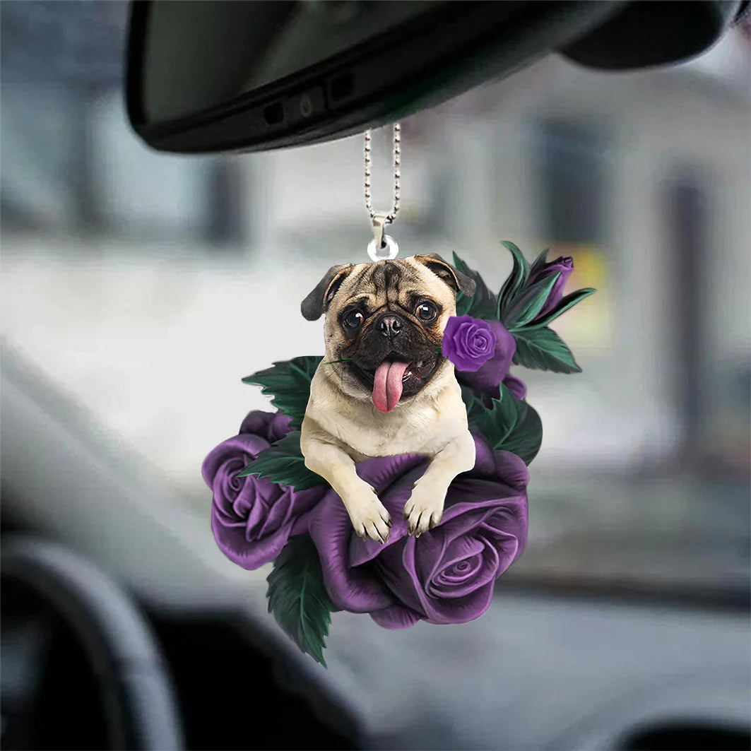 Pug In Purple Rose Car Hanging Ornament, Christmas Decoration