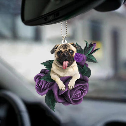 Pug In Purple Rose Car Hanging Ornament, Christmas Decoration