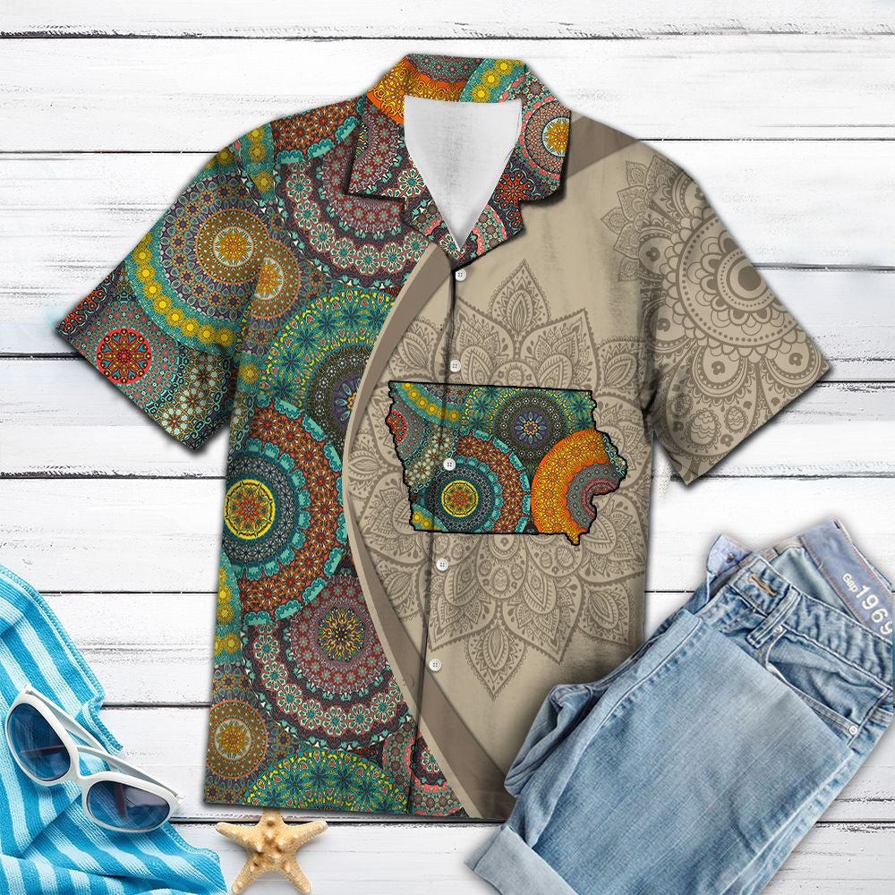 Brown Background Iowa Mandala Flower Patchwork Pattern Hawaiian Shirt, Hawaiian Shirt Gift, Christmas Gift
