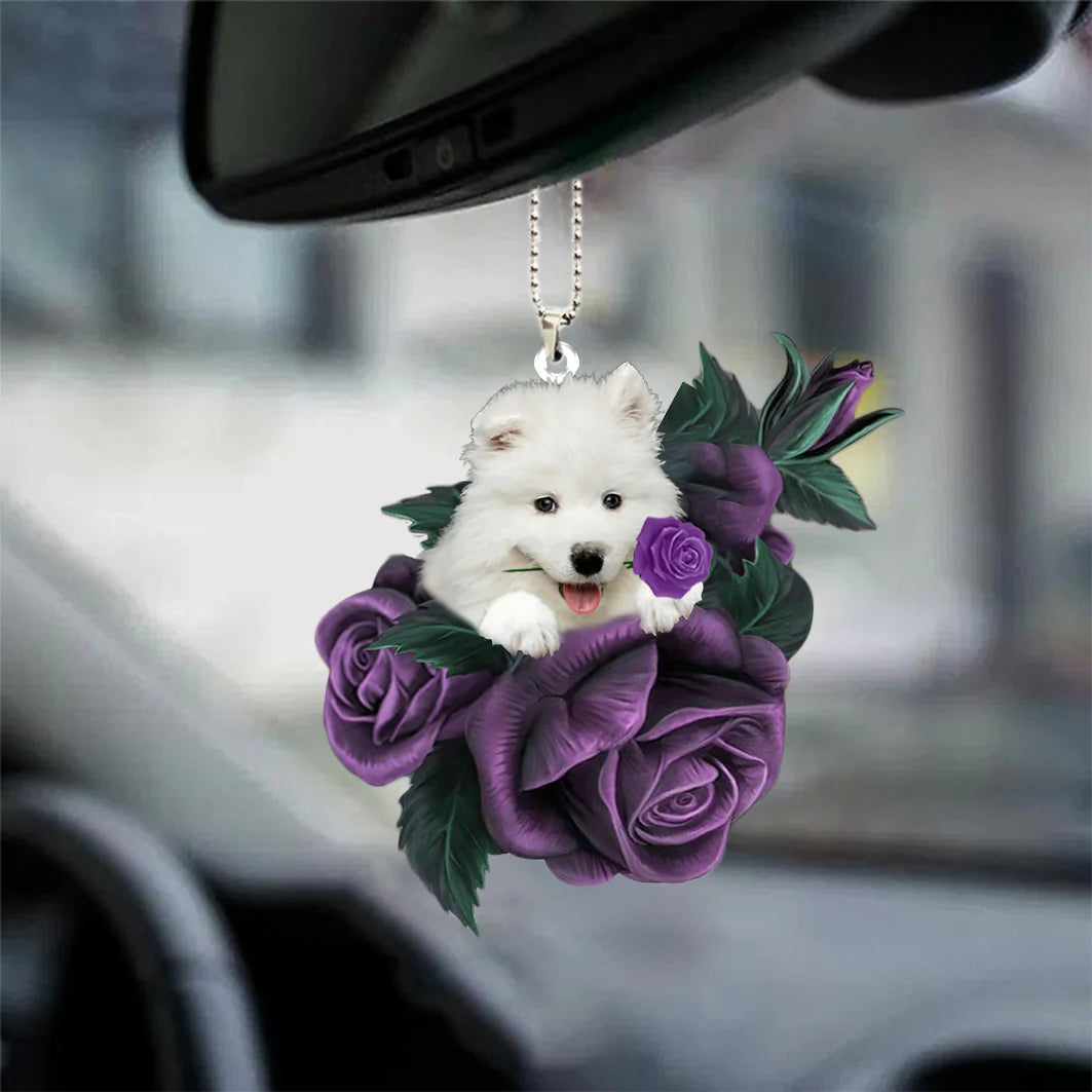 Samoyed In Purple Rose Car Hanging Ornament, Christmas Decoration