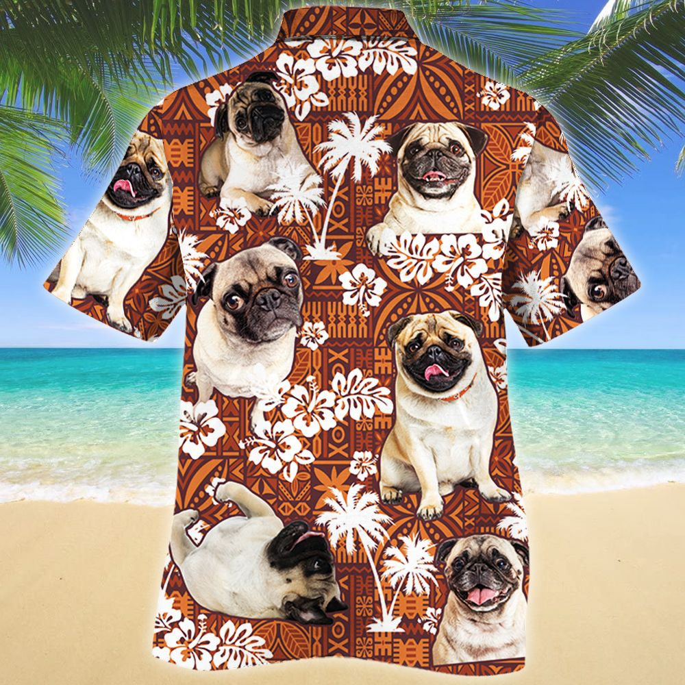 Pug Dogs Tilt Head Pattern Red Tribal Design Hawaiian Shirt, Hawaiian Shirt Gift, Christmas Gift