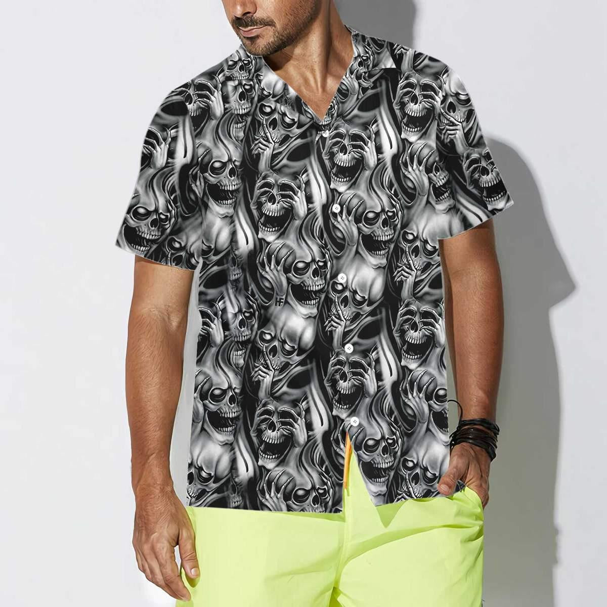 Horror Black And White Skull Day Of The Dead Hawaiian Shirt, Hawaiian Shirt Gift, Christmas Gift