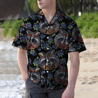 Amazing Raccoons Face On Blue Flower Garden Pattern Hawaiian Shirt, Hawaiian Shirt Gift, Christmas Gift