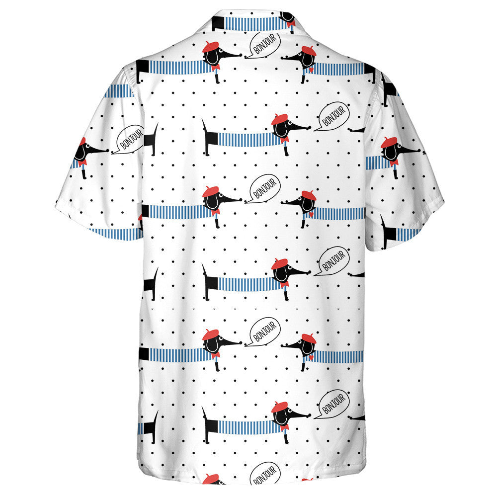 French Style Dachshund Saying Bonjour On Polka Dots Hawaiian Shirt, Hawaiian Shirt Gift, Christmas Gift