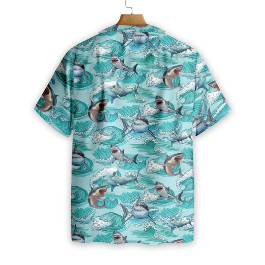Sharks On Sea Waves Design Hawaiian Shirt, Hawaiian Shirt Gift, Christmas Gift