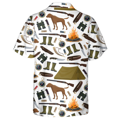 Hunting Equipment And Hunting Dog On White Background Hawaiian Shirt, Hawaiian Shirt Gift, Christmas Gift