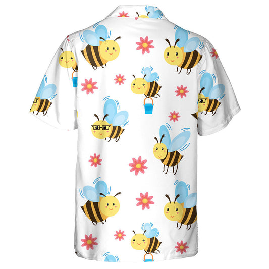 Natural Spring Cute Cartoon Bees And Red Flowers Hawaiian Shirt, Hawaiian Shirt Gift, Christmas Gift