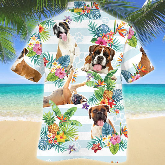 Funny Boxer Dog Tropical Flower And Leaves Pattern Hawaiian Shirt, Hawaiian Shirt Gift, Christmas Gift