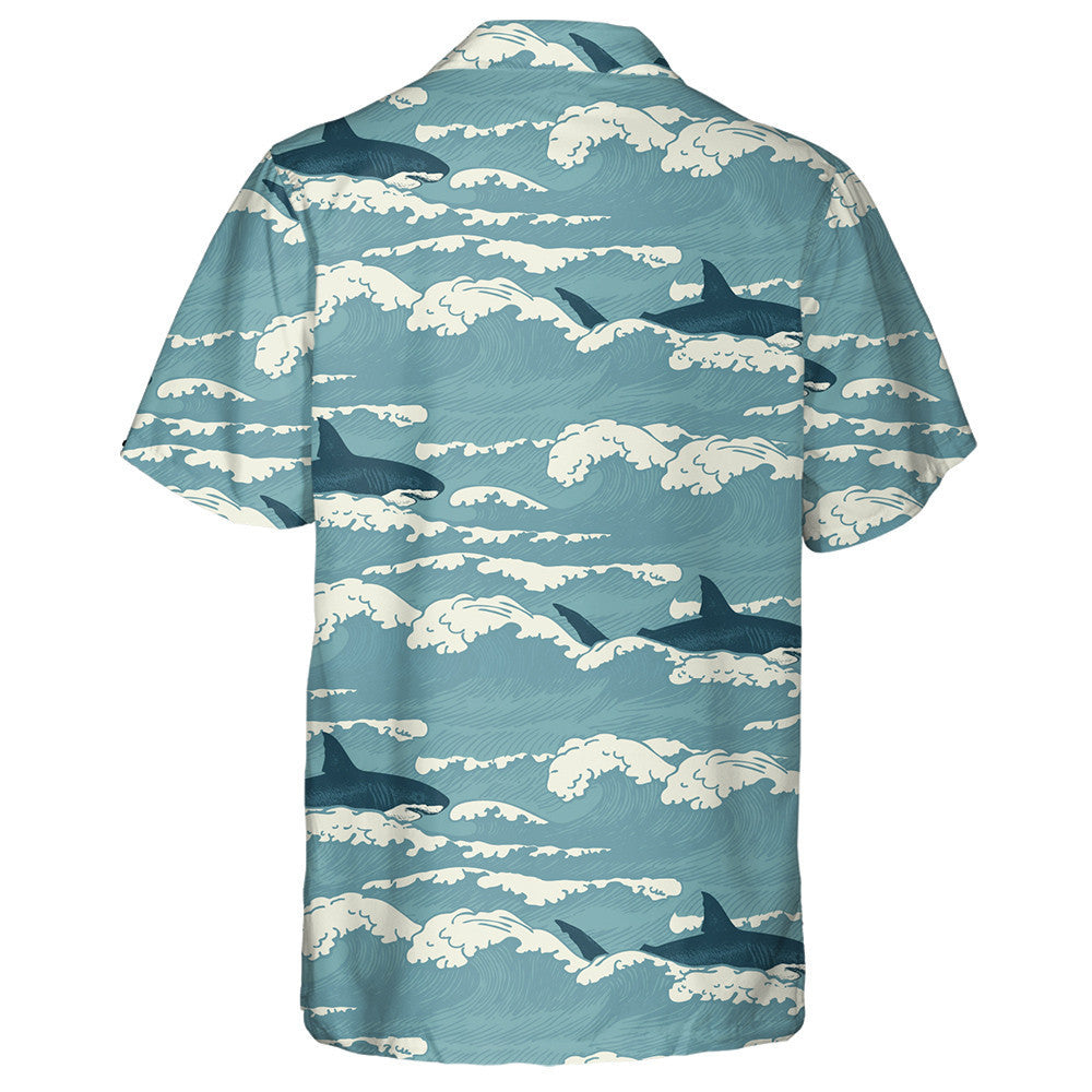 Hand Drawn Vintage Pattern Of Sharks And Waves Hawaiian Shirt, Hawaiian Shirt Gift, Christmas Gift