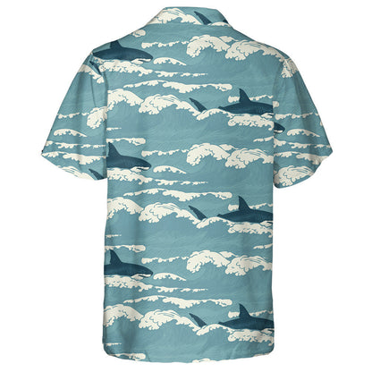 Hand Drawn Vintage Pattern Of Sharks And Waves Hawaiian Shirt, Hawaiian Shirt Gift, Christmas Gift