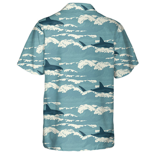 Hand Drawn Vintage Pattern Of Sharks And Waves Hawaiian Shirt, Hawaiian Shirt Gift, Christmas Gift