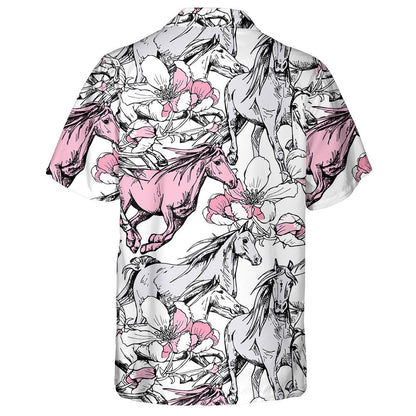 The Running Beautiful Horses And Pink Cherry Flowers Hawaiian Shirt, Hawaiian Shirt Gift, Christmas Gift