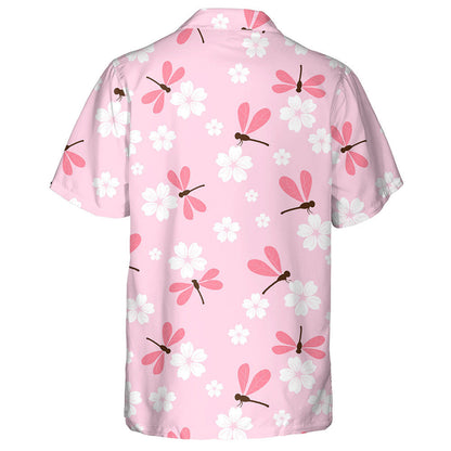 Bright Flying Dragonfly And White Sakura Flower Hawaiian Shirt, Hawaiian Shirt Gift, Christmas Gift