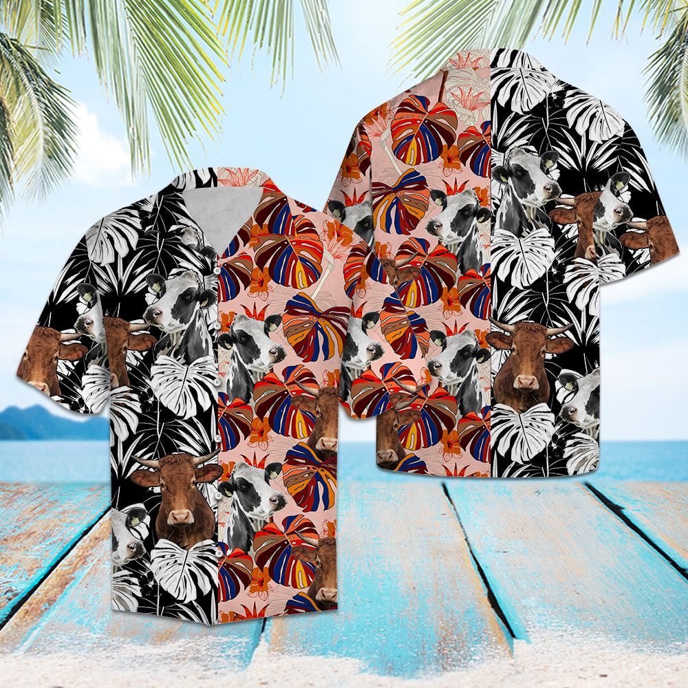 Farm Cow With Watercolor Monstera Leaves Hawaiian Shirt,Hawaiian Shirt Gift, Christmas Gift