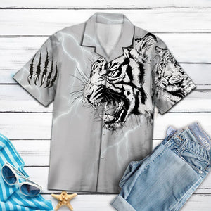 Strong White Tiger Roaring In Grey Hawaiian Shirt,Hawaiian Shirt Gift, Christmas Gift