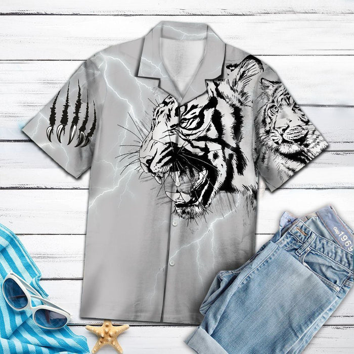 Strong White Tiger Roaring In Grey Hawaiian Shirt,Hawaiian Shirt Gift, Christmas Gift