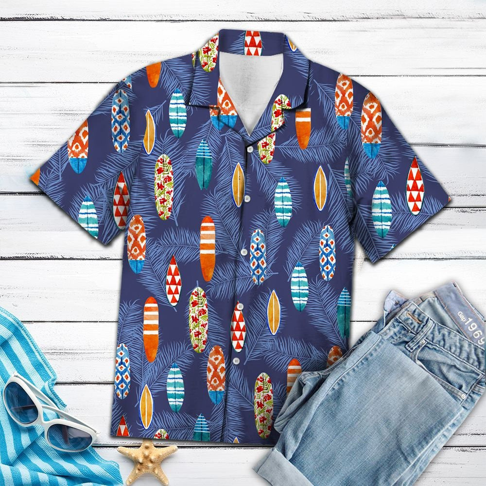 Tropical Surfboard Summer Beach Palm Tree Leaves Pattern Hawaiian Shirt, Hawaiian Shirt Gift, Christmas Gift