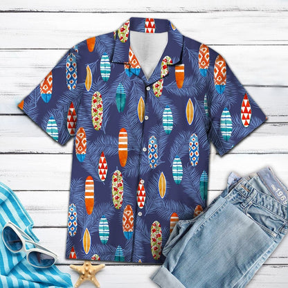 Tropical Surfboard Summer Beach Palm Tree Leaves Pattern Hawaiian Shirt, Hawaiian Shirt Gift, Christmas Gift