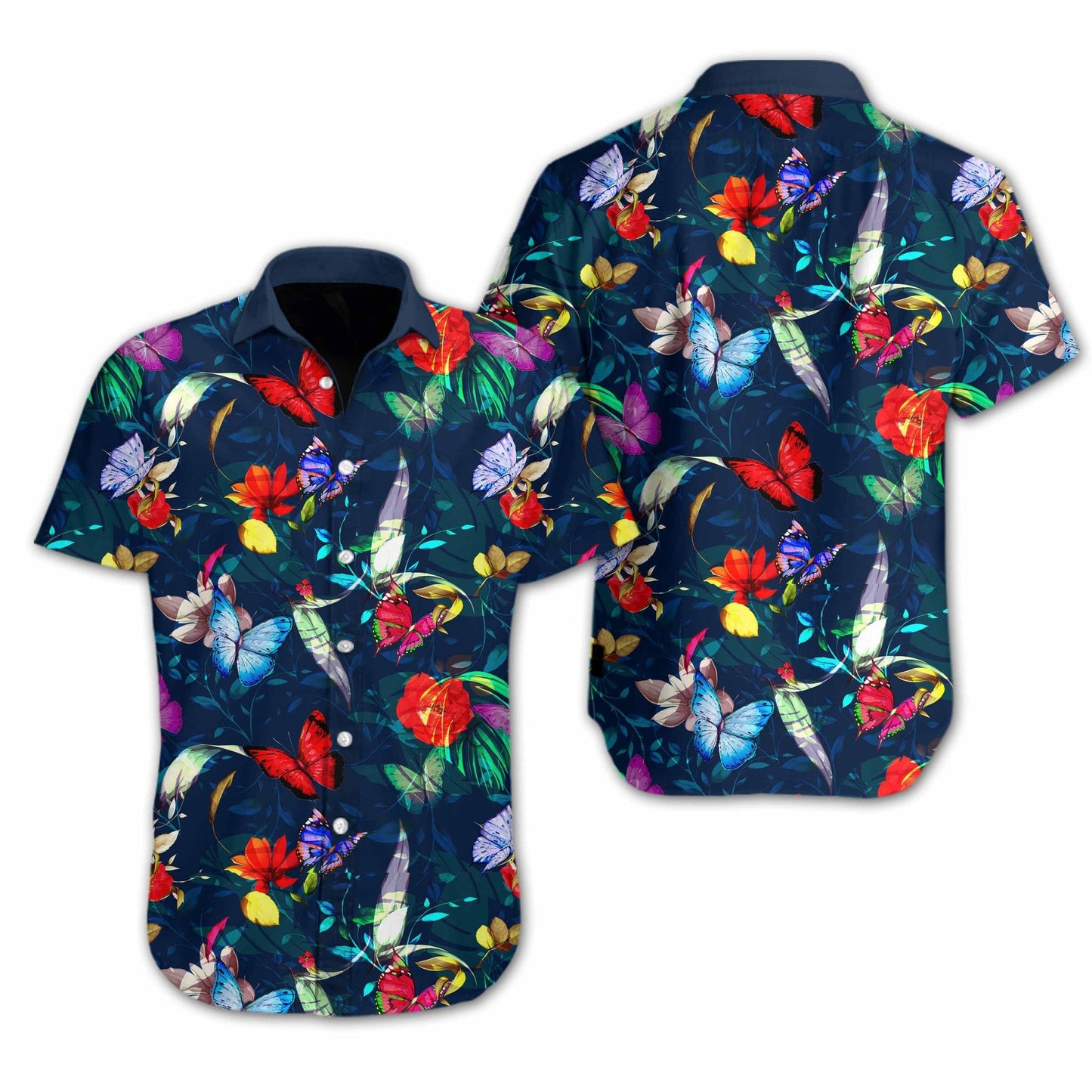 Butterly Flower On Dark Blue Design Hawaiian Shirt, Hawaiian For Gift