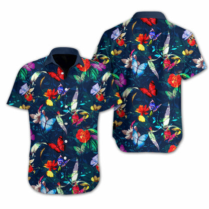 Butterly Flower On Dark Blue Design Hawaiian Shirt, Hawaiian For Gift