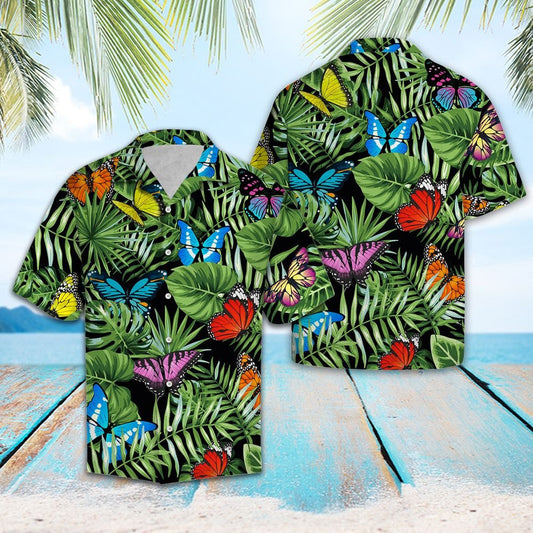 Butterfly And Green Tropical Leaves Design Hawaiian Shirt, Hawaiian For Gift