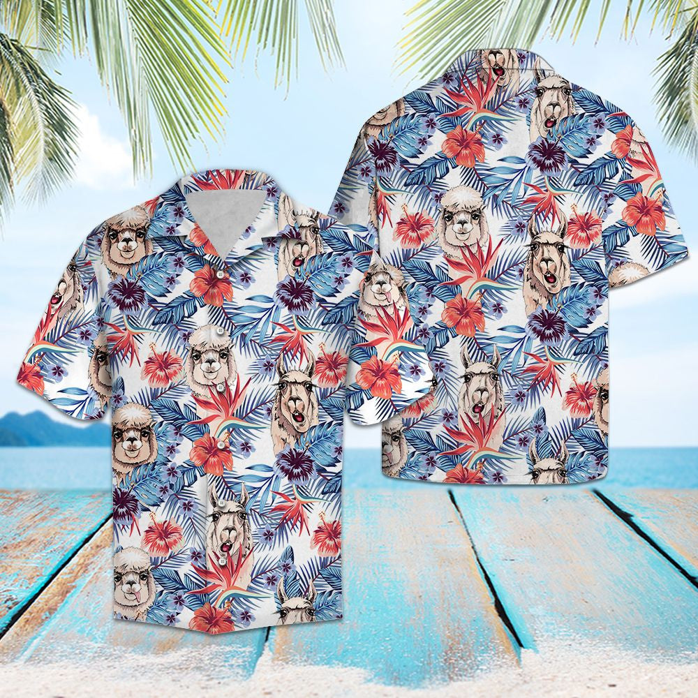 Llama With Red Hibiscus And Tropical Leaves Hawaiian Shirt, Hawaiian Shirt Gift, Christmas Gift