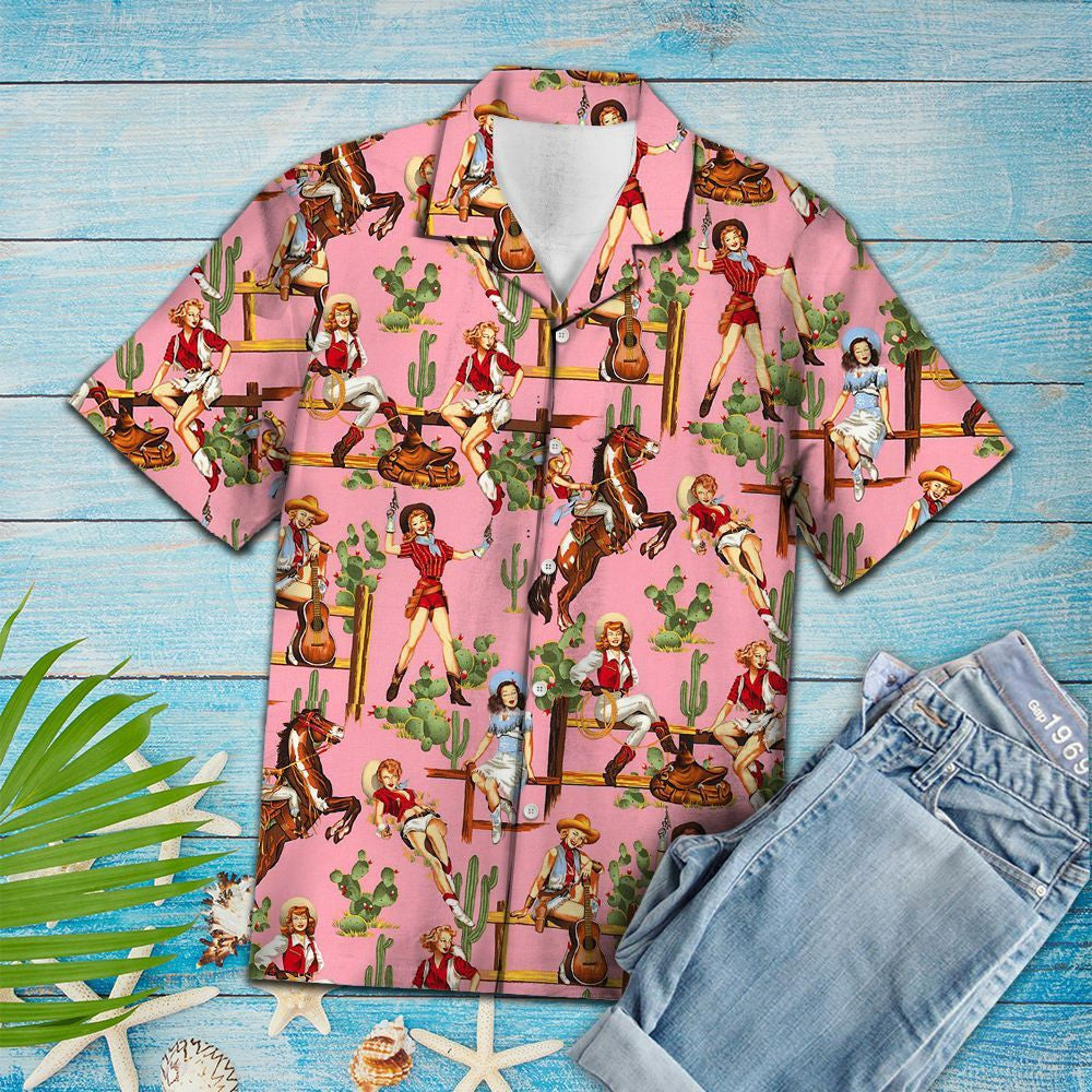 Cool Cowgirl With Palm Trees In Pink Design Hawaiian Shirt, Hawaiian Shirt Gift, Christmas Gift