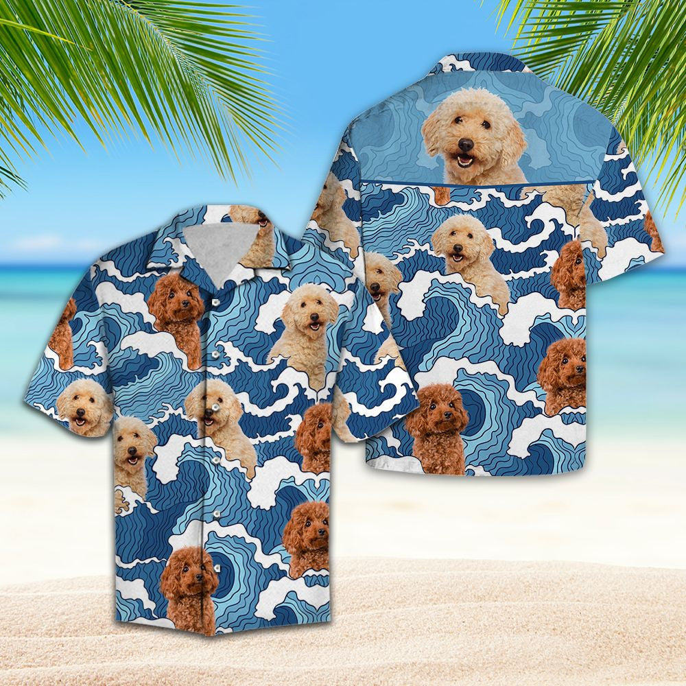 Doodle Blue Ocean Waves With Poodle Hawaiian Shirt,Hawaiian Shirt Gift, Christmas Gift