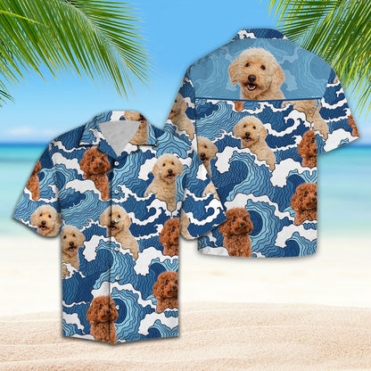 Doodle Blue Ocean Waves With Poodle Hawaiian Shirt,Hawaiian Shirt Gift, Christmas Gift