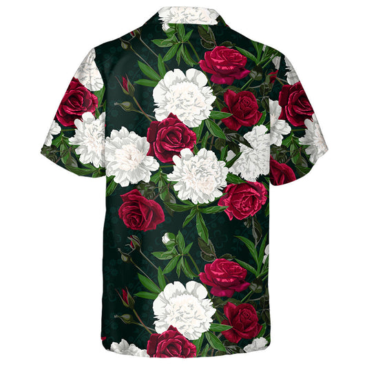Red Roses And White Peony On A Dark Background Hawaiian Shirt, Hawaiian Shirt Gift, Christmas Gift