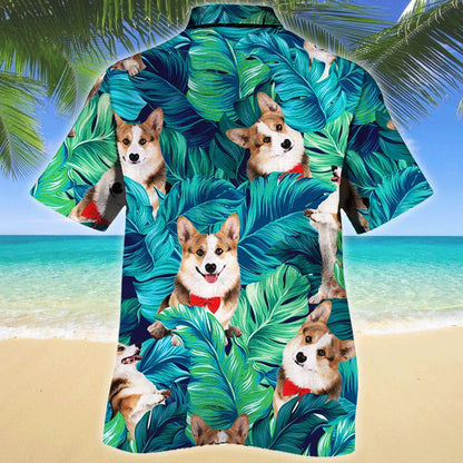 Welsh Corgi Dog Green And Blue Stripe Hawaiian Shirt, Hwaiian For Gift