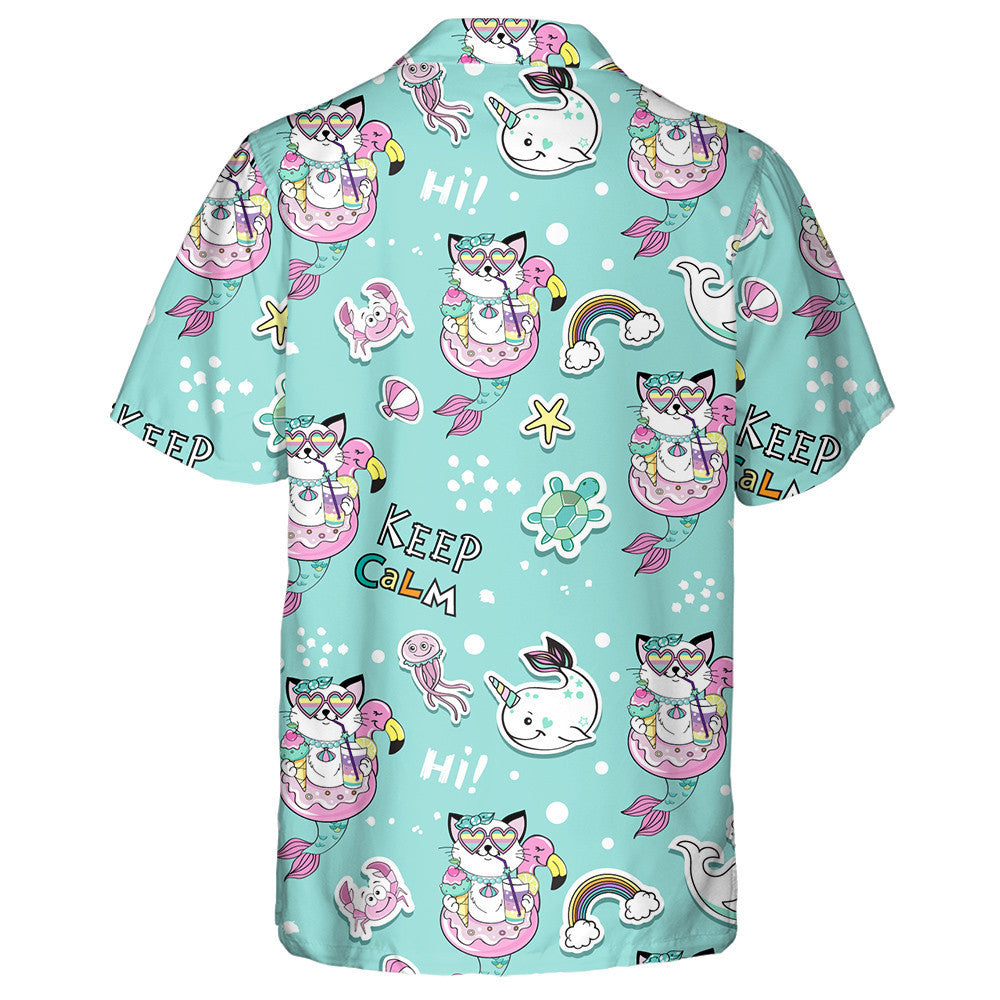 Beautiful Cat Mermaid With A Circle Of A Flamingo Hawaiian Shirt, Hawaiian Shirt Gift, Christmas Gift
