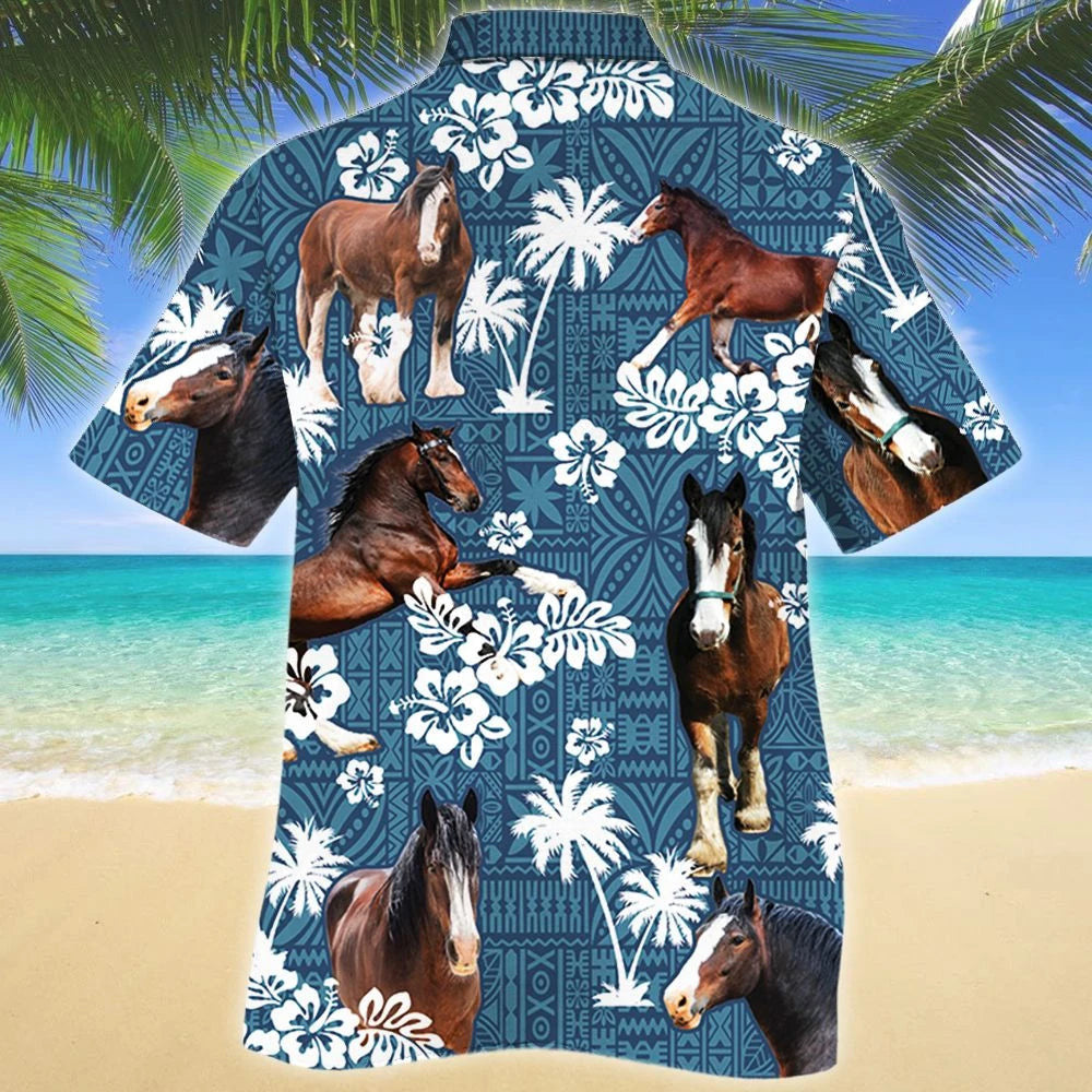 Clydesdale Horse And Hibiscus On Blue Tribal Pattern Hawaiian Shirt, Hawaiian Shirt Gift, Christmas Gift
