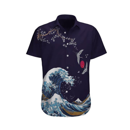 Japanese Waves Crane Koi Fish Pattern Hawaiian Shirt,Hawaiian Shirt Gift, Christmas Gift