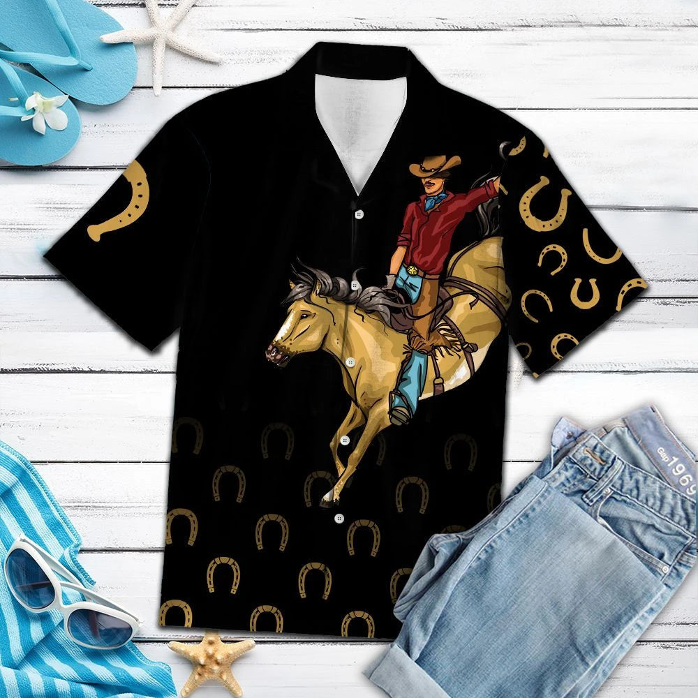 Cowboy Riding Horse With Golden Horseshoes In Black Hawaiian Shirt, Hawaiian Shirt Gift, Christmas Gift