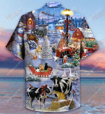 Christmas Night On The Farm Short Hawaiian Shirt Hobbies Short Sleeve Custom Hawaiian Shirts Hawaiian Shirts For Women, Hawaiian Shirt Gift, Christmas Gift