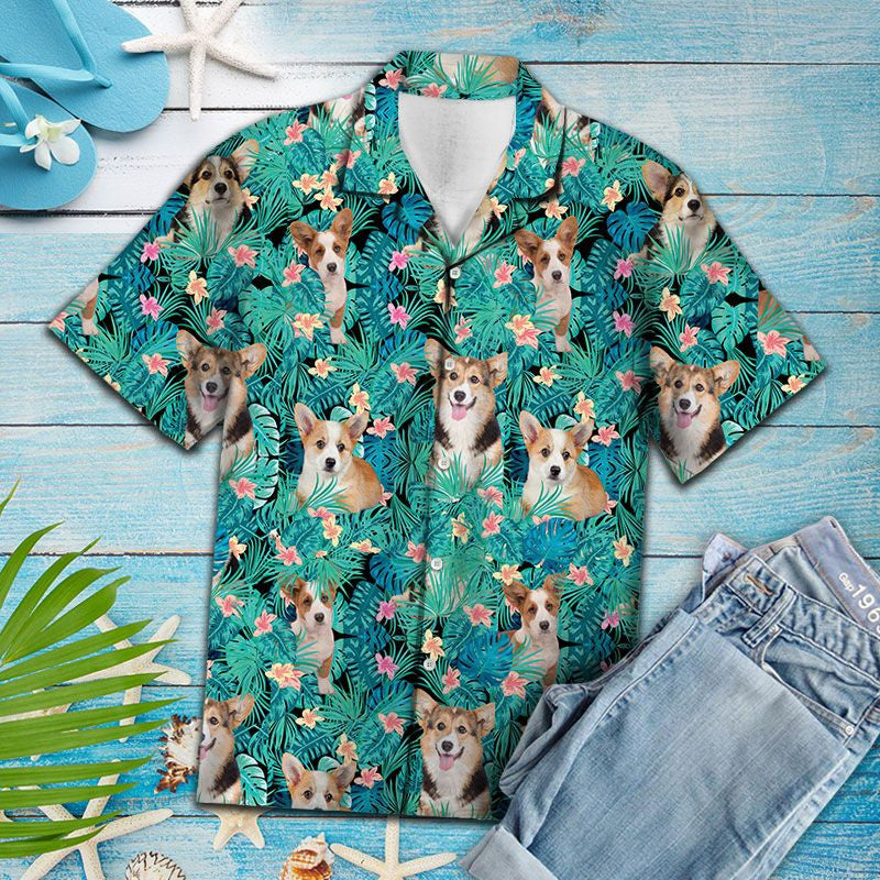 Pembroke Welsh Corgi Tropical Leaves And Flower Pattern Hawaiian Shirt, Hawaiian Shirt Gift, Christmas Gift
