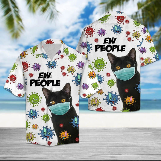 Cool Black Cat Anti Virus Ew People Pattern Hawaiian Shirt, Hawaiian Shirt Gift, Christmas Gift