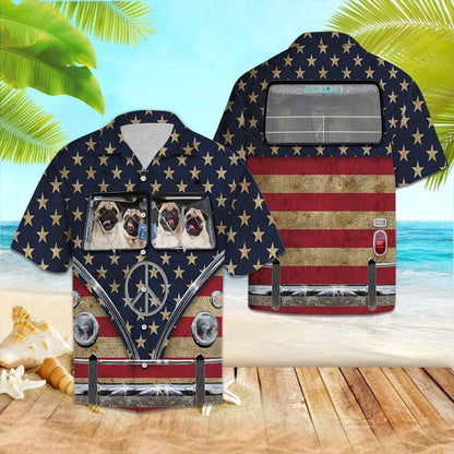 Happy Pug Driving Retro Flag Hippie Bus Pattern Hawaiian Shirt, Hawaiian Shirt Gift, Christmas Gift