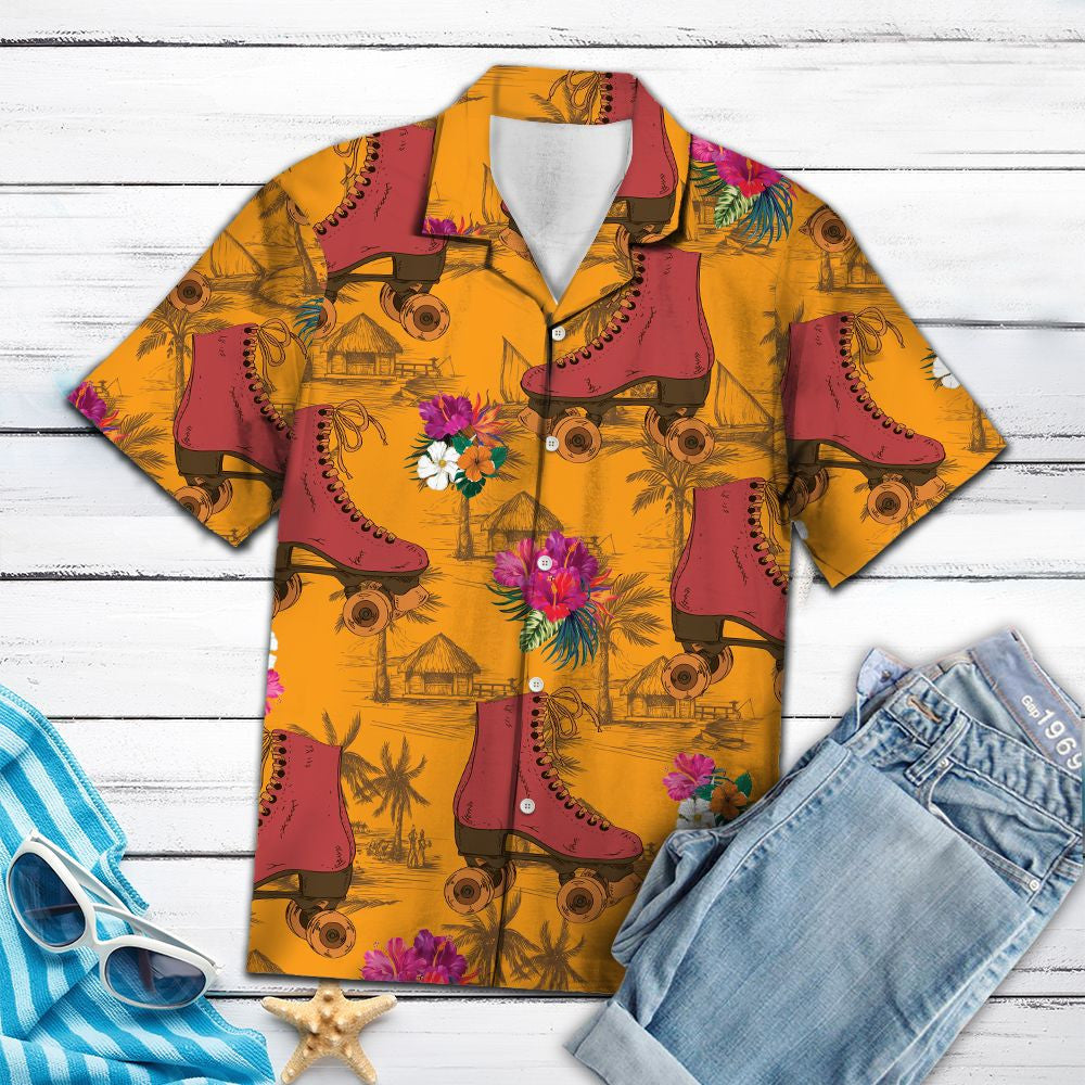 Awesome Pink Roller Skating Tropical Flowers Pattern Hawaiian Shirt, Hawaiian Shirt Gift, Christmas Gift