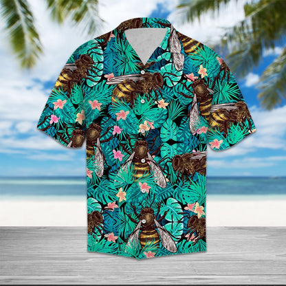 Large Sized Bee And Tropical Leaves Pattern Hawaiian Shirt, Hawaiian Shirt Gift, Christmas Gift
