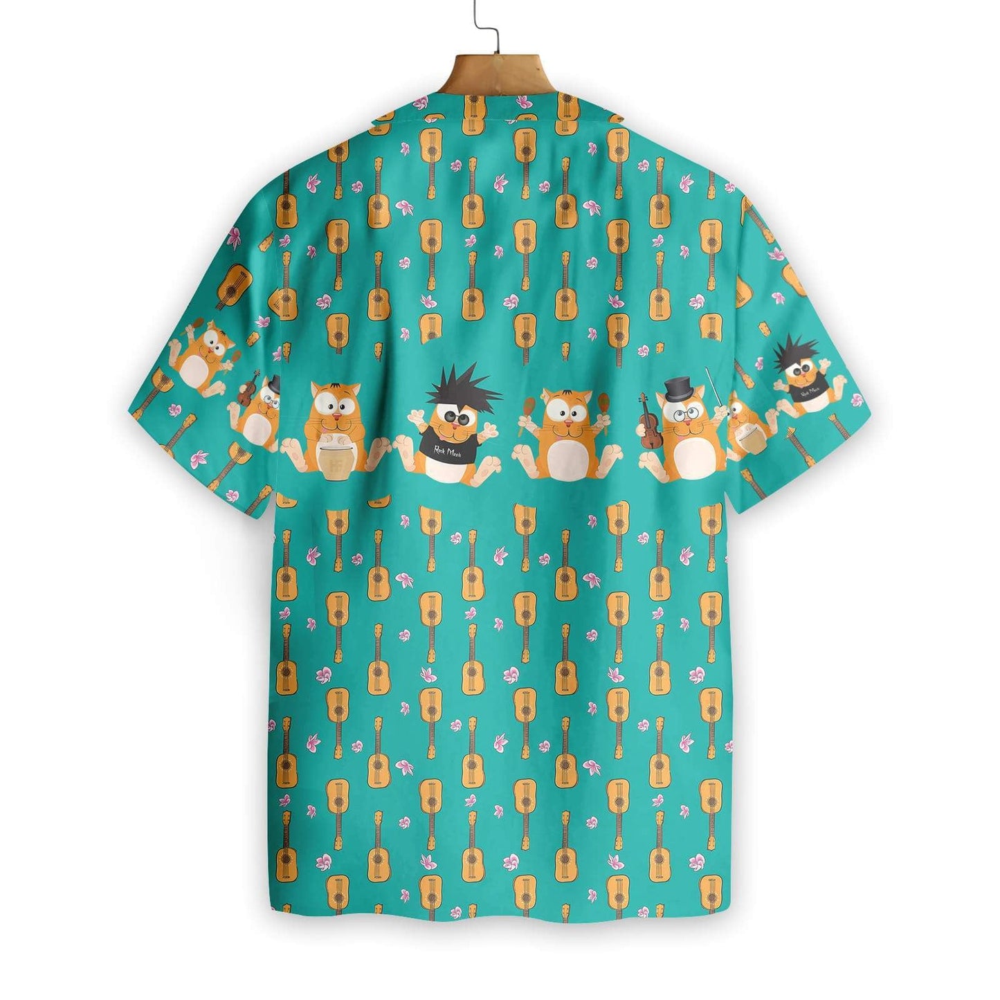 Funny Cat With Tiny Ukulele Turquoise Background Hawaiian Shirt, Hawaiian Shirt Gift, Christmas Gift